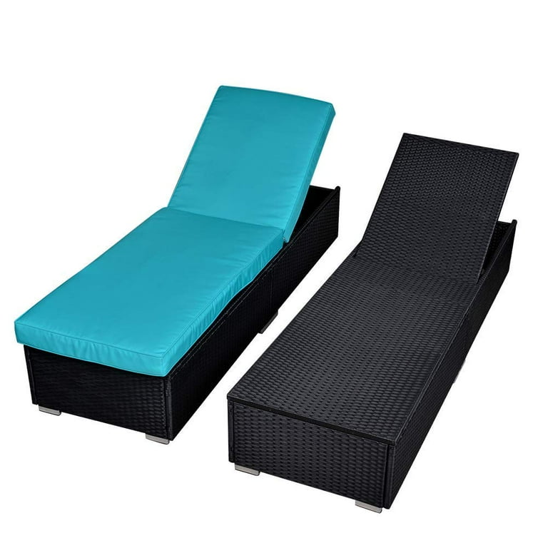 Royalcraft 2 Pieces Outdoor Chaise Lounge Chair Black Wicker Rattan Adjustable Patio Lounge Chair Steel Frame with Removable Blue Cushions for