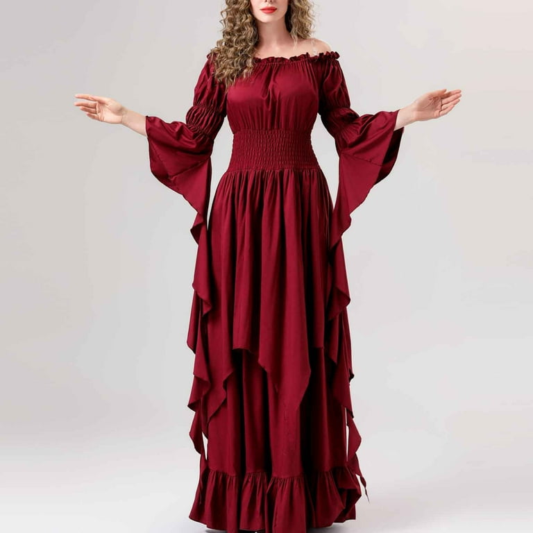 BZGTZT Women s Victorian Dress Puff Sleeve Off Shoulder Ruffle Medieval Costume for Women Renaissance Tiered Tunic Dress Walmart
