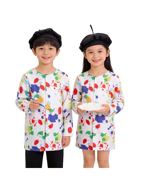 Kids Boys Girls Art Smock Paint Apron Jacket Splatter Print Button Down Long Sleeve Craft Outerwear Top 5-6 Years