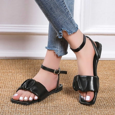 

PhoneSoap Fashion Spring And Summer Women Sandals Casual Open Toe Pin Buckle Rubber Flat Heel Black