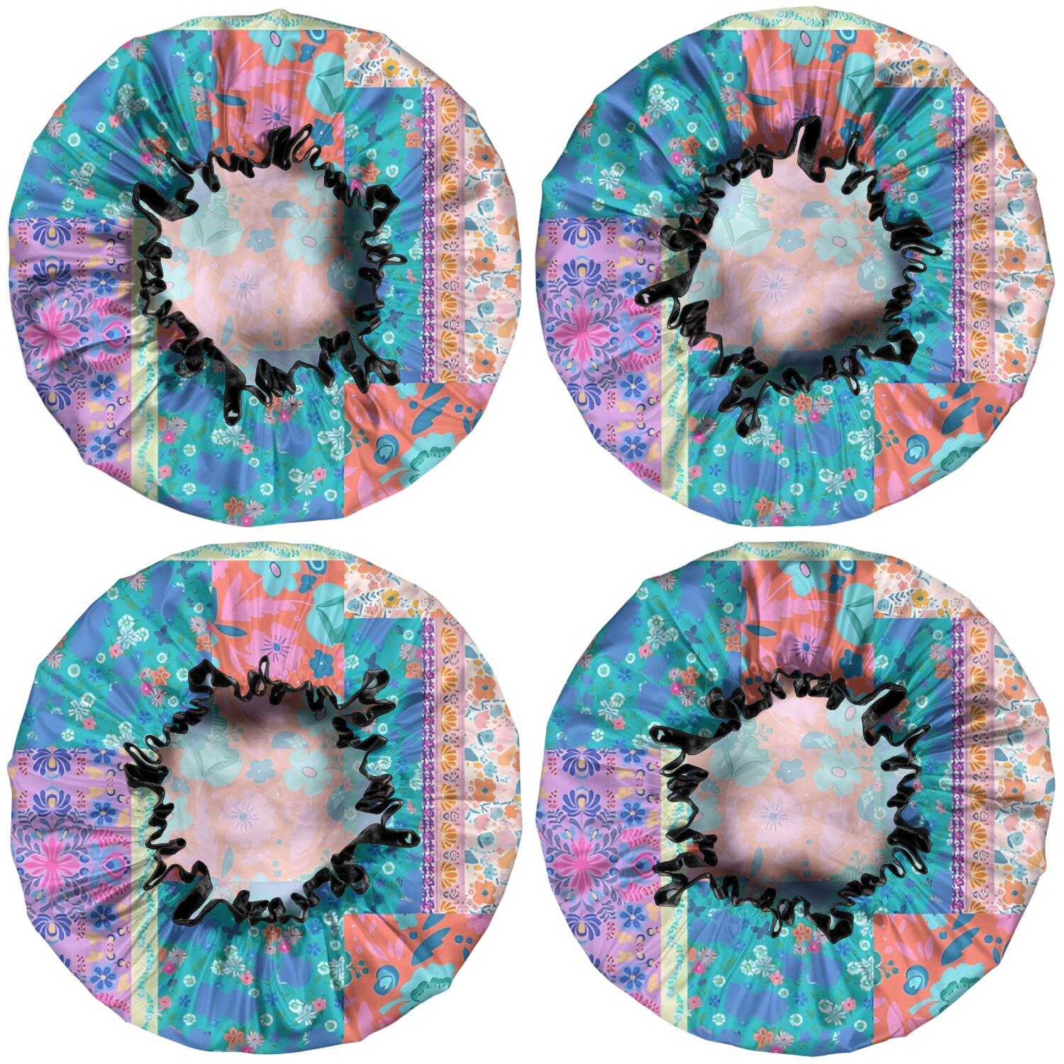 Shower Caps,Multicolor Ethnic Flower Patchwork Pattern Waterproof Shower Cap for Women 4 Pieces,Double Reusable Hair Cover for Shower PEVA Elastic Stretch Hem
