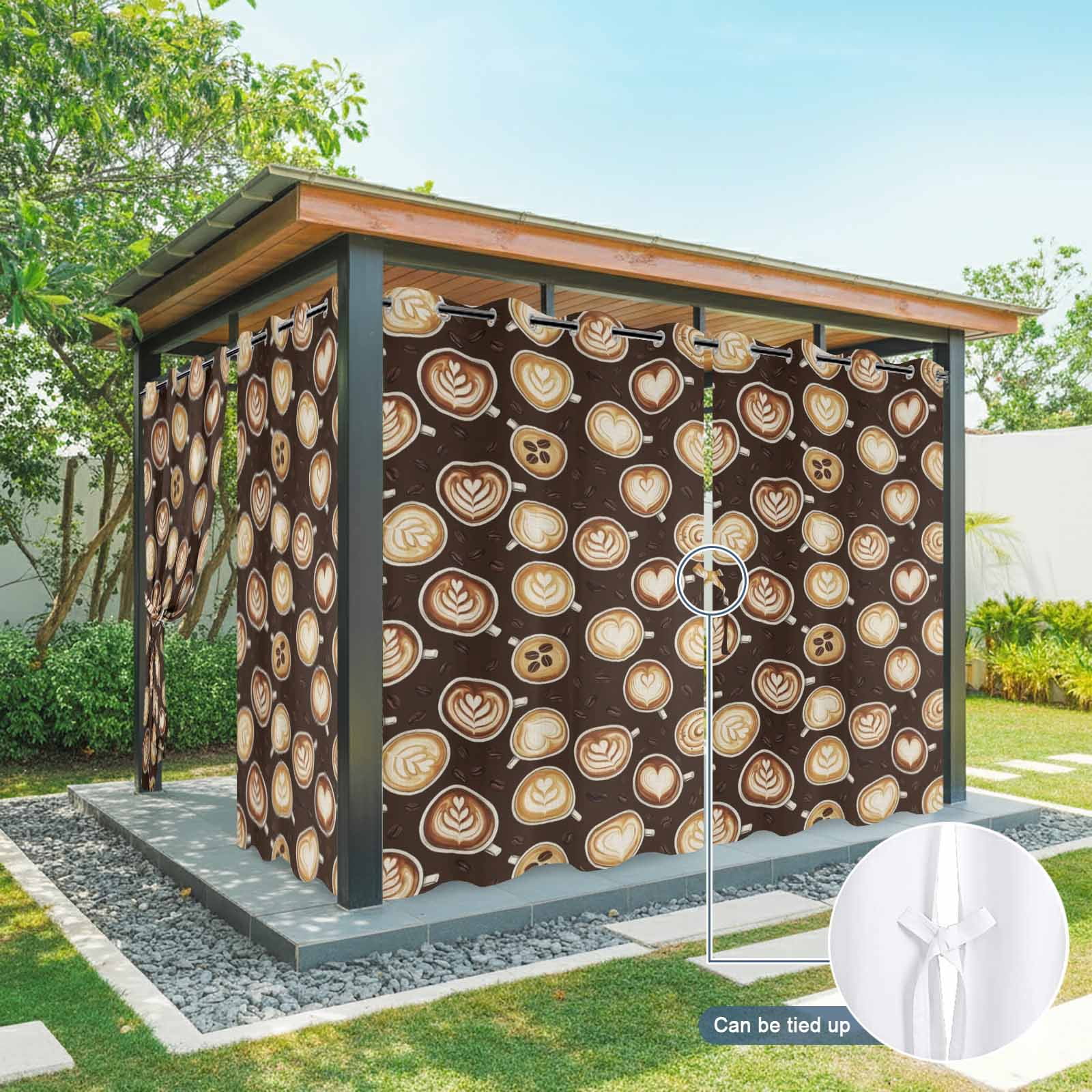 Coffee Cups Outdoor Curtains for Patio, Country Coffee Beans Latte Dark Brown Sunshade Privacy Drapes Grommet Waterproof Outside Curtains for Porch/Cabana/Balcony 54"x 108", 1 Panel
