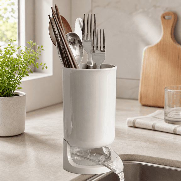 Utensil Holder, Utensil Drying Holder, Spoon Holder, Self Draining Detachable Tray Cutlery Drainer Cup Large Capacity Flatware Silverware Storage Organizer for Kitchen Counter Sides