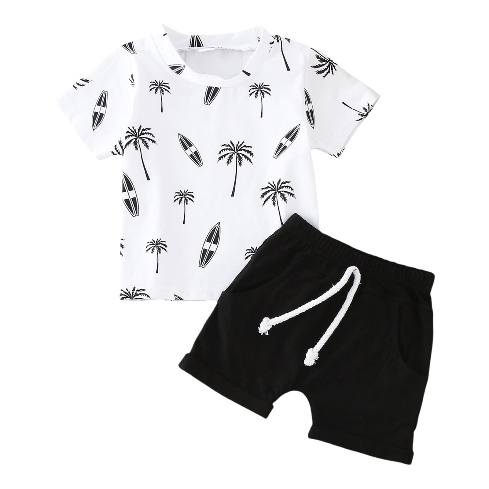 B91xZ Baby Boys Summer Clothes Summer Boho Floral Print Short Sleeve Top and Shorts Set Cute Clothes for Boys White 3 6 Months