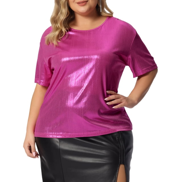 GRACE & GRANDEUR Haut Grande Taille pour Femmes T-Shirt à Manches Courtes Col Rond Métallique Blouses de Fête