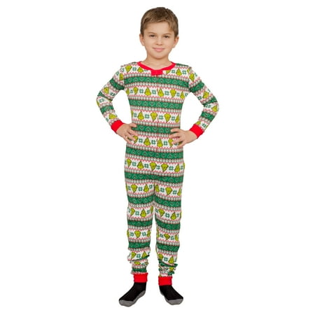 Grinch Family Faces Christmas Green and White Kids Pajama Union Suit