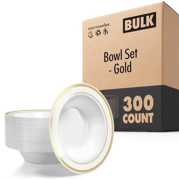 Stock Your Home Plastic Party Bowls (300 Pack) 12 Oz Elegant Disposable Dinnerware - Fancy Shatterproof Tableware for Catering, Holidays, Parties Supplies, Weddings, Catering, and Everyday Use (Gold)