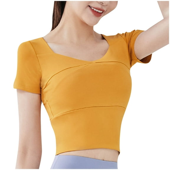 cfhntfmh Womens Workout Crop Tops Comfy Yoga Scoop Neck Short Sleeve Shirt Fitting Athletic Tunics with Bra Pads