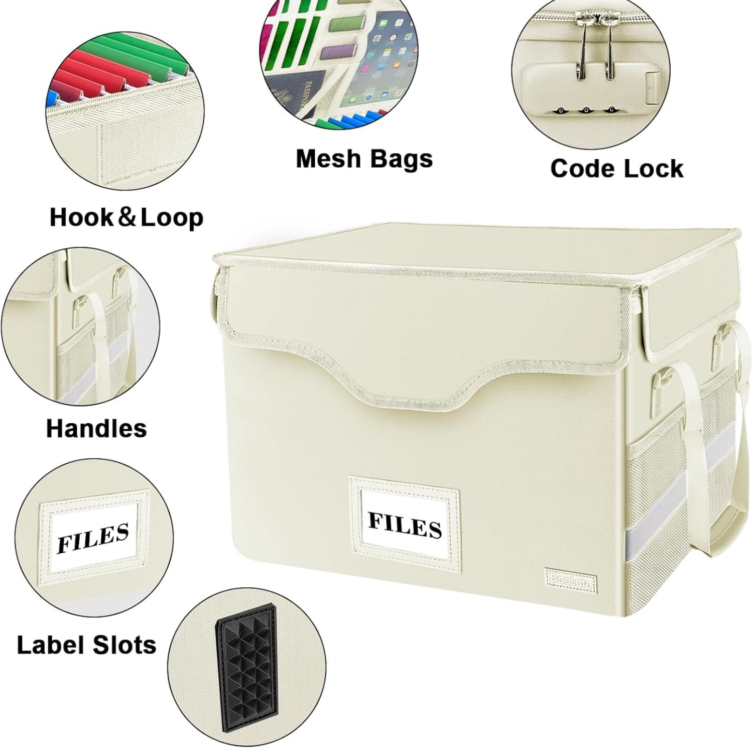 Fireproof Document Box with Lock,File Storage Organizer with Zipper Pockets,Collapsible Portable File Box Home Office Safe Filing Cabinet with Handle for Hanging Letter/Legal Folders,Beige