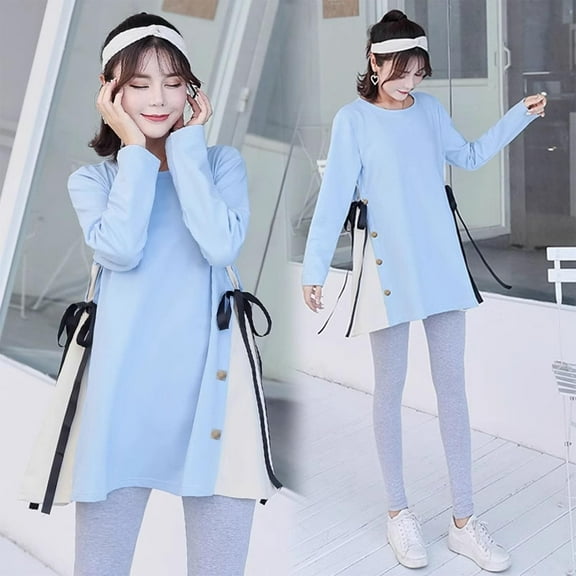Women's Maternity Shirts Long Sleeve Pregnancy Tops Casual Ribbed Knit Pregnant Blouses Blue XL