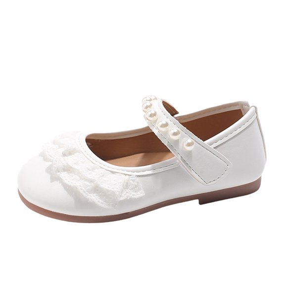 GiLiling Girls Flats, Mary Jane Ballet Flats, Closed-Toe PU Leather Dress Shoes with Lace Trim and Pearl Strap, Flat Heel Princess Footwear for Party and Daily Wear (White, 2-2.5 Years)