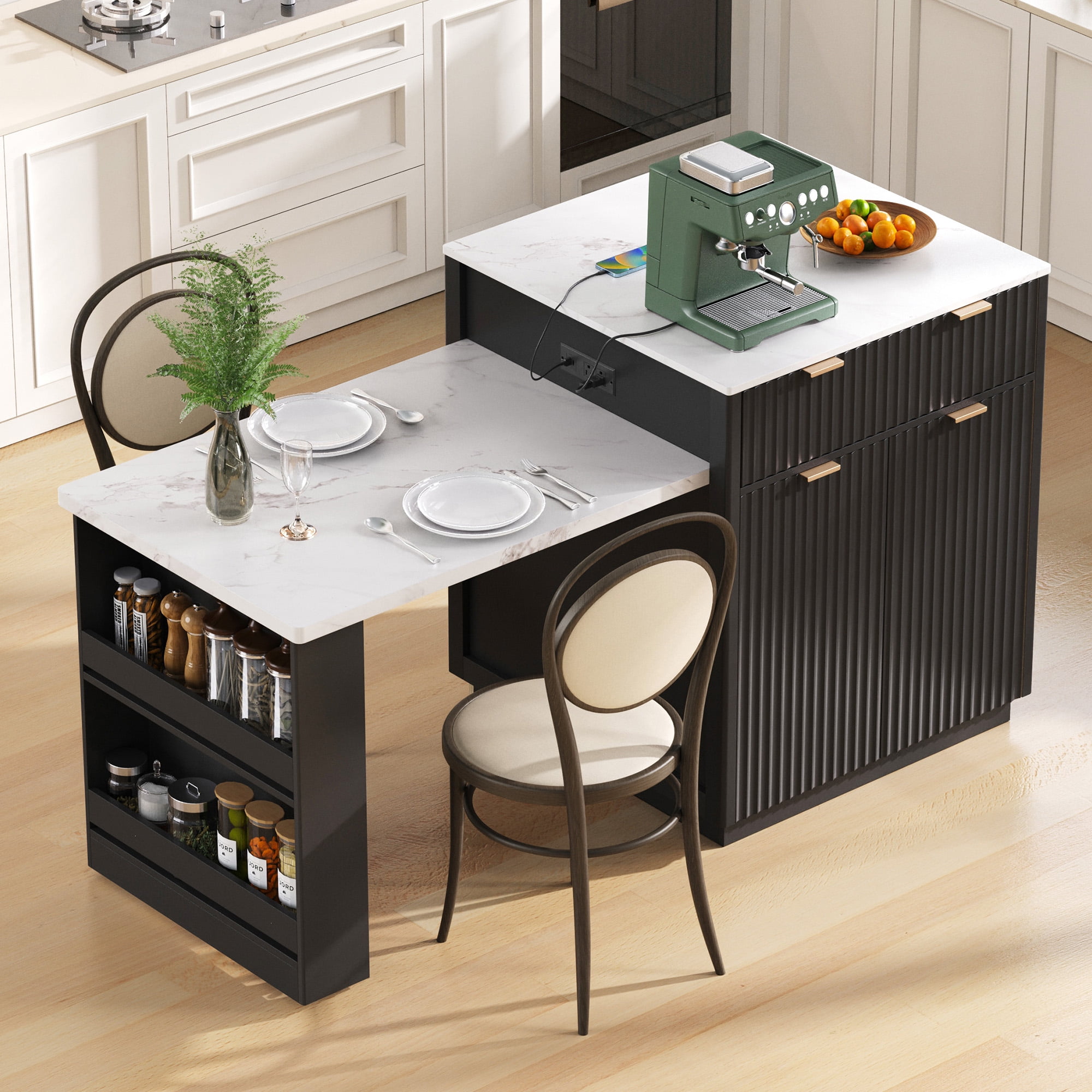 Harper & Bright Designs Fluted Kitchen Island with Extendable Dining Table for 4-6, Island Table for Kitchen with Power Outlet, Kitchen Table with Double-Side Storage and 2 Side Open Shelves, Black