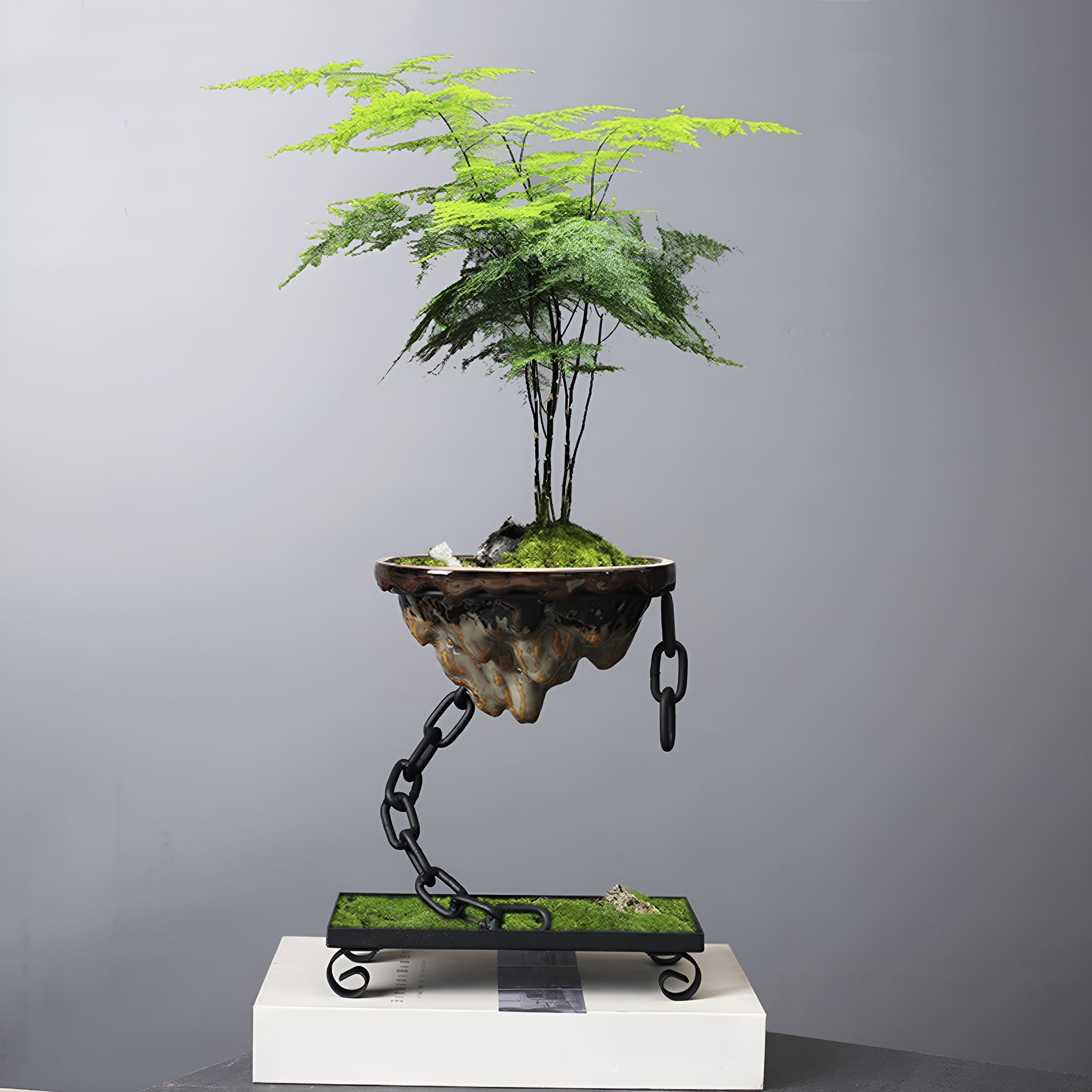 ACDANC Succulent Planter Pot Simulation Rockery Chain Suspension Hanging Type Ceramics Pot Ornament Iron Art Landscape Bonsai Planter Living Room Decoration Garden Supplies