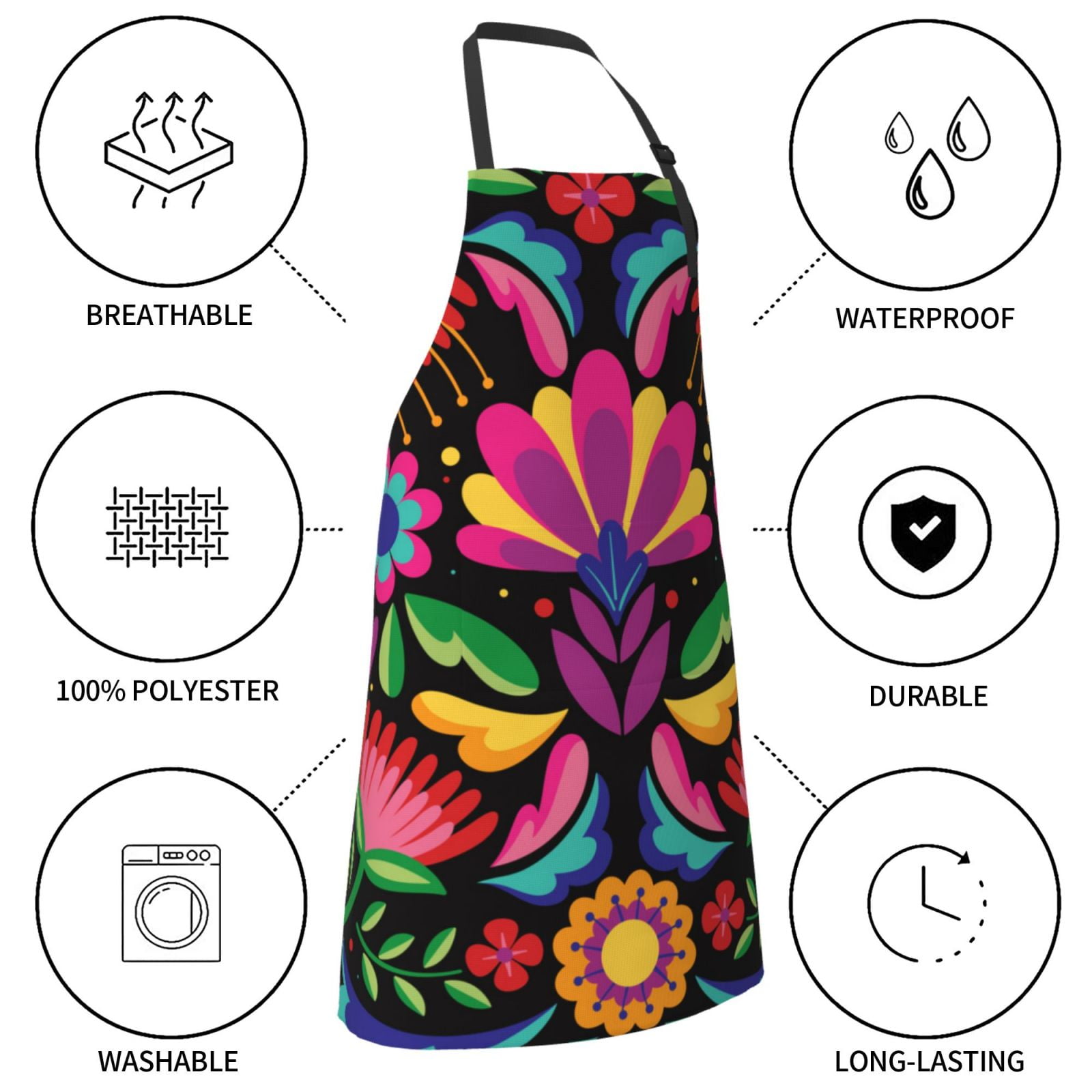 Kdxio Colorful Floral Embroidery Mexican Apron with Pockets Adjustable Kitchen Aprons for Men Women Waterproof Aprons for Cooking,Drawing,Crafting, Baking Household Cleaning