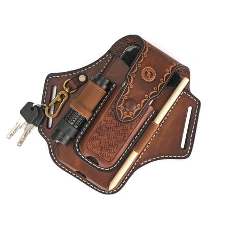TOURBON Leather Double Layer Folding Knife Sheath EDC Pocket Flashlight Phone Holder Key Chain