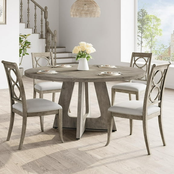 AKDSteel 47" Round Dining Table Set for 4 to 6, Farmhouse Kitchen Table with Wooden Top and Pedestal Base, Circle Dinner Table for Dining Room, Kitchen Room - Grey (No Chairs)