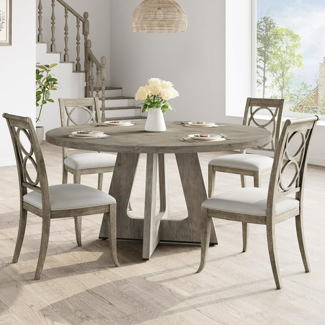 EDTara 47-Inch Round Large Dining Table, Wooden Kitchen Table Set for 4 to 6, Farmhouse Dinner Table with Wooden Top and Legs for Home Dining Room or Living Room - Grey(Only Table)