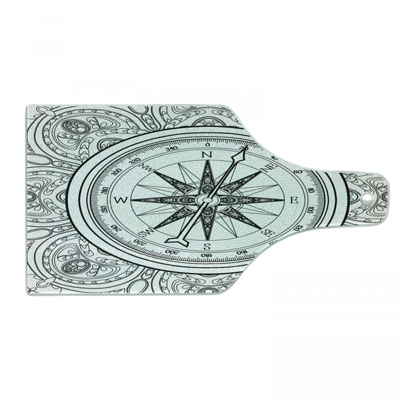 Compass Cutting Board, Hand Drawn Windrose in Line Art Style Nautical Illustration Coloring Book Design, Tempered Glass Cutting and Serving Board, Wine Bottle Shape, Black White, by Ambesonne
