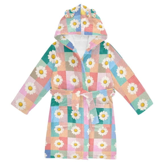 FORMRS Niños Bathrobe Unisex Hooded Robe Soft Plush Pajamas Sleepwear, Size 10-12T, Pink Checkered Daisy