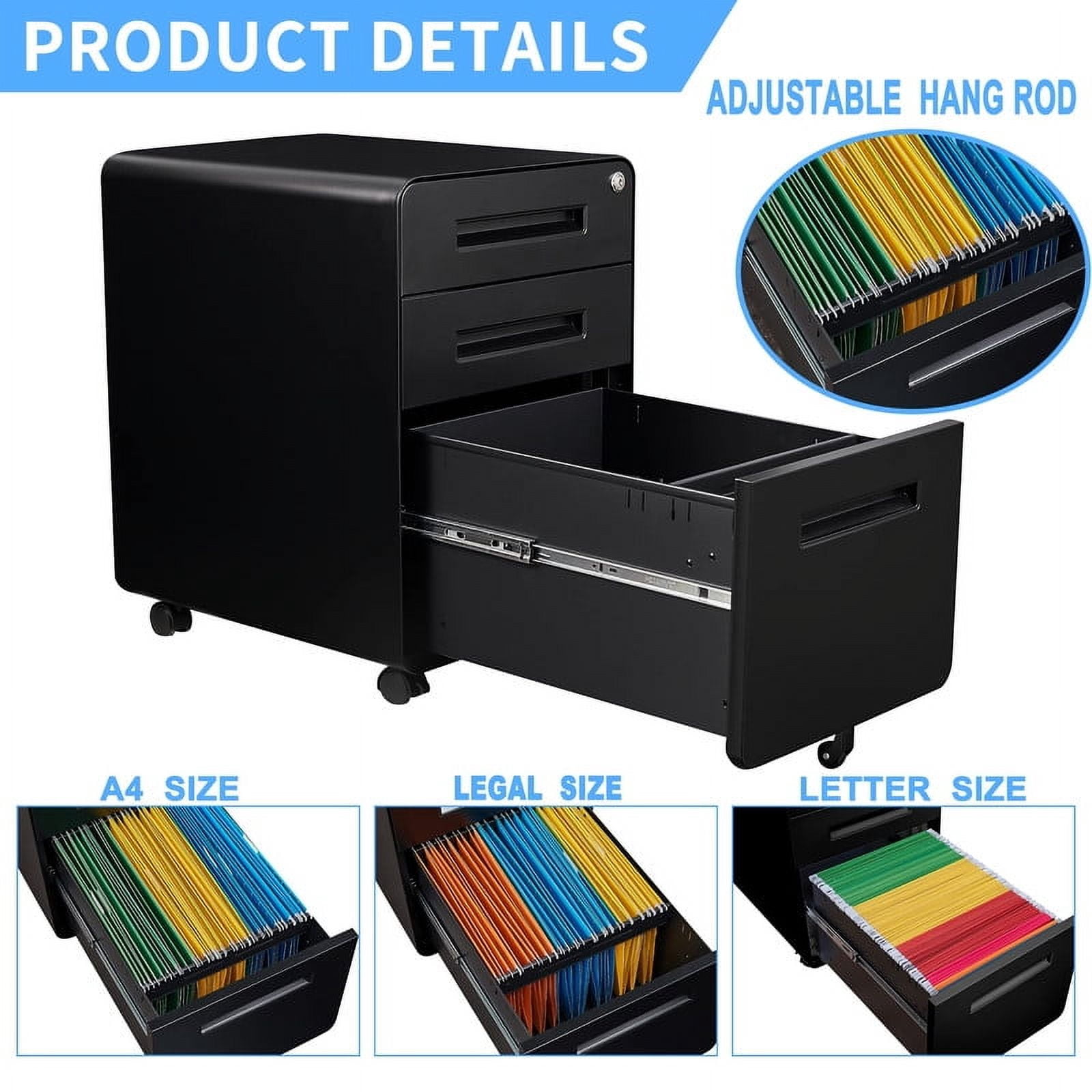 MIIIKO 3-Drawer Rolling File Cabinet, Metal Mobile File Cabinet with Lock, Filing Cabinet Under Desk fits Legal/Letter/A4 Size for Home/Office