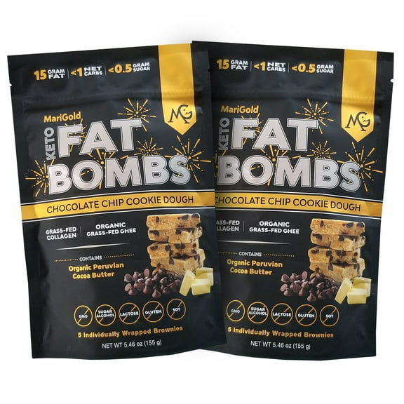 MariGold Keto Fat Bombs - Chocolate Chip Cookie Dough - Low Carb, Grass-fed Collagen Rich, Organic Grass-fed Ghee and Cocoa Butter, Gluten-Free, Non-GMO (2 bags, 5 Servings each)