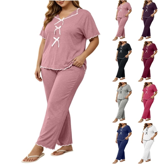 Zormilly Pajamas for Women Set Short Sleeve Collared Shirts Wide Leg Pants Plus Size Lounge Sets Soft Comfy Sleepwear, XL-5XL