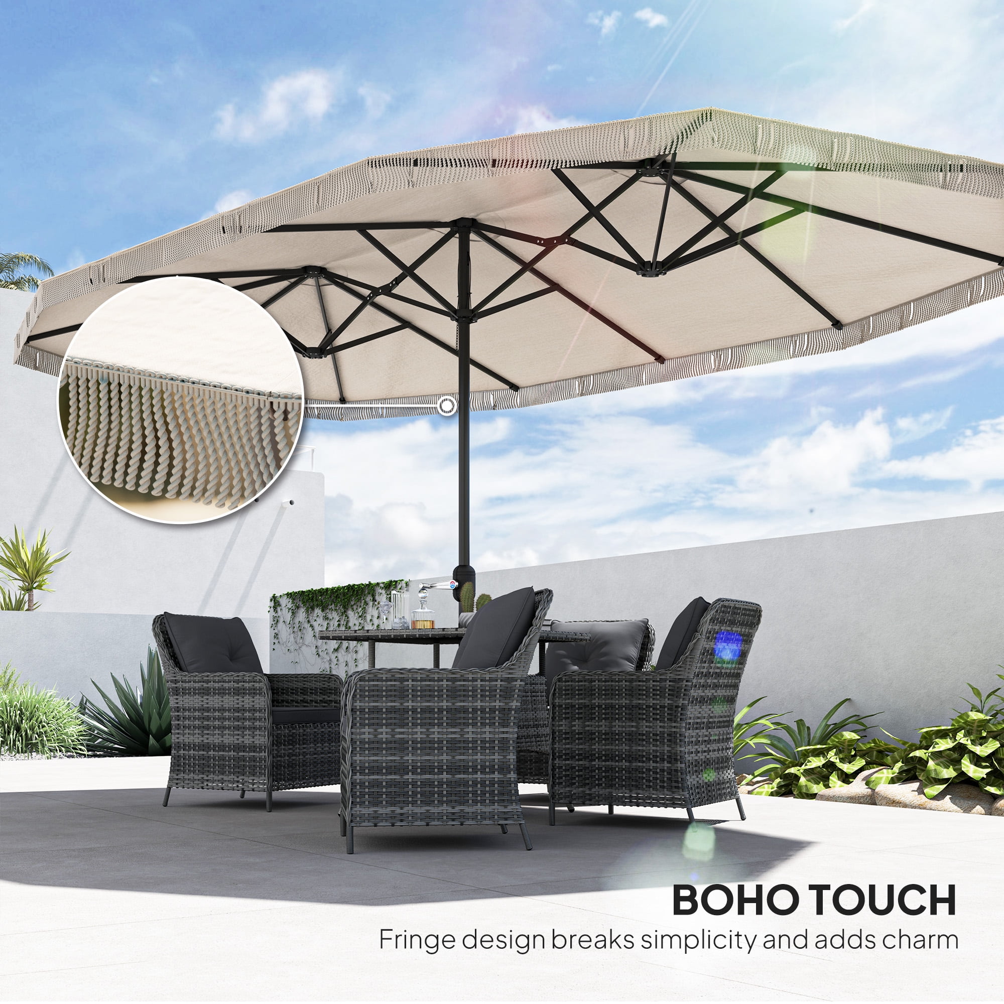 Outsunny 15ft Extra Large Patio Umbrella, UPF30+ Double-sided Rectangle Umbrella with Easy Crank Handle, 2 Vents for Garden Pool Lawn, Cream White