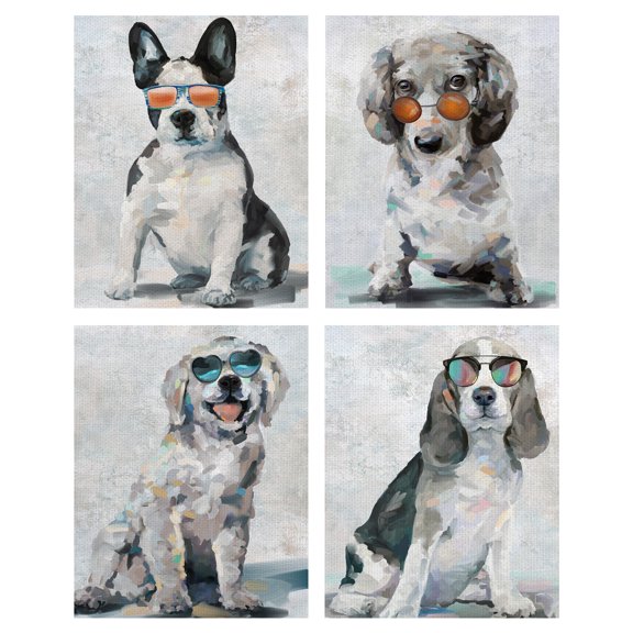 Masterpiece Art Gallery Shady Pups I, II, III, IV by Studio Arts Puppy Dog Canvas Art Print Set of 4 (16" x 20")