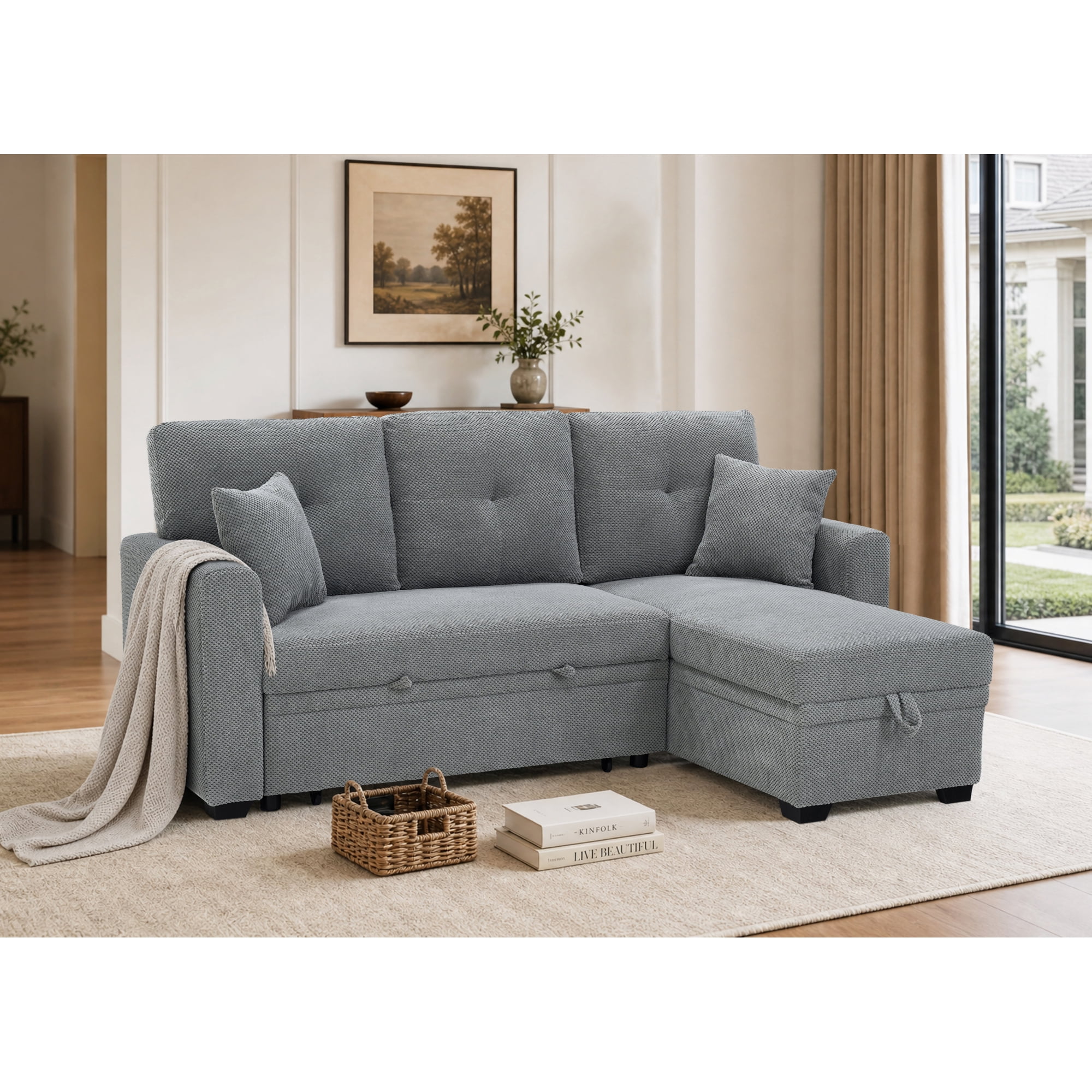 Leumius L Shaped Sectional Sofa with Pull Out Bed and Storage Chaise, 3 Seater Sectional Couch Convertible Sofa Bed for Small Space, Apartment & Guest Room, Light Gray