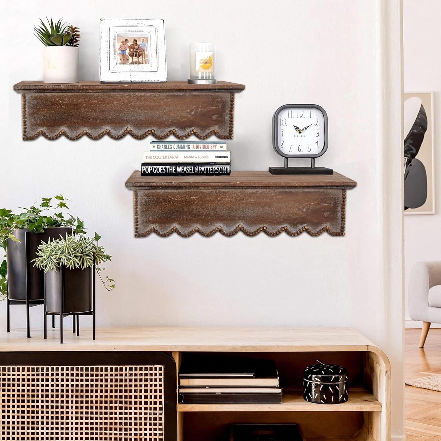 SOFE Wood Scalloped Decorative Floating Shelves, Farmhouse Bedroom Bathroom Kitchen Shelving Wall Shelf, Small Hanging Shelves Display Book Picture Ledge Shelf