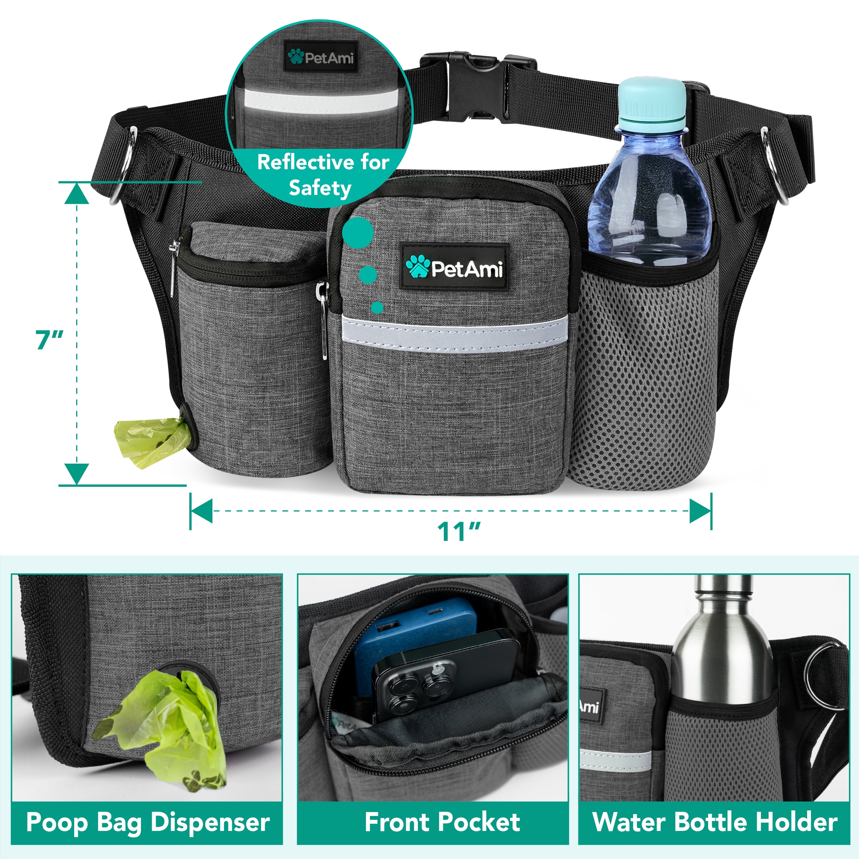 PetAmi Premium Hands Free Dog Leash for 2 Dogs, Adjustable Waist Belt Leash for Dog Walking, Fanny Pack Accessories Bag Dual Bungee Leash for Running, Hiking, Jogging, Biking, Charcoal Grey