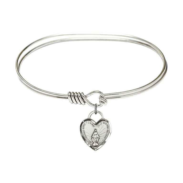 7 inch Oval Eye Hook Bangle Bracelet w/ Miraculous Heart in Sterling Silver  