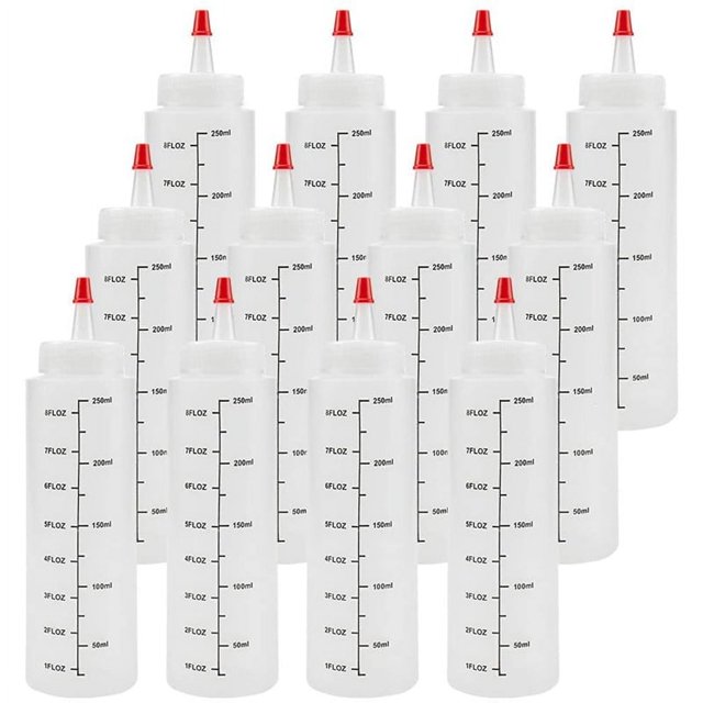 Paquete de 12 botellas exprimibles para 8 condimentos con tapa de punta roja: boquilla de plástico para kétchup, salsas y jarabe