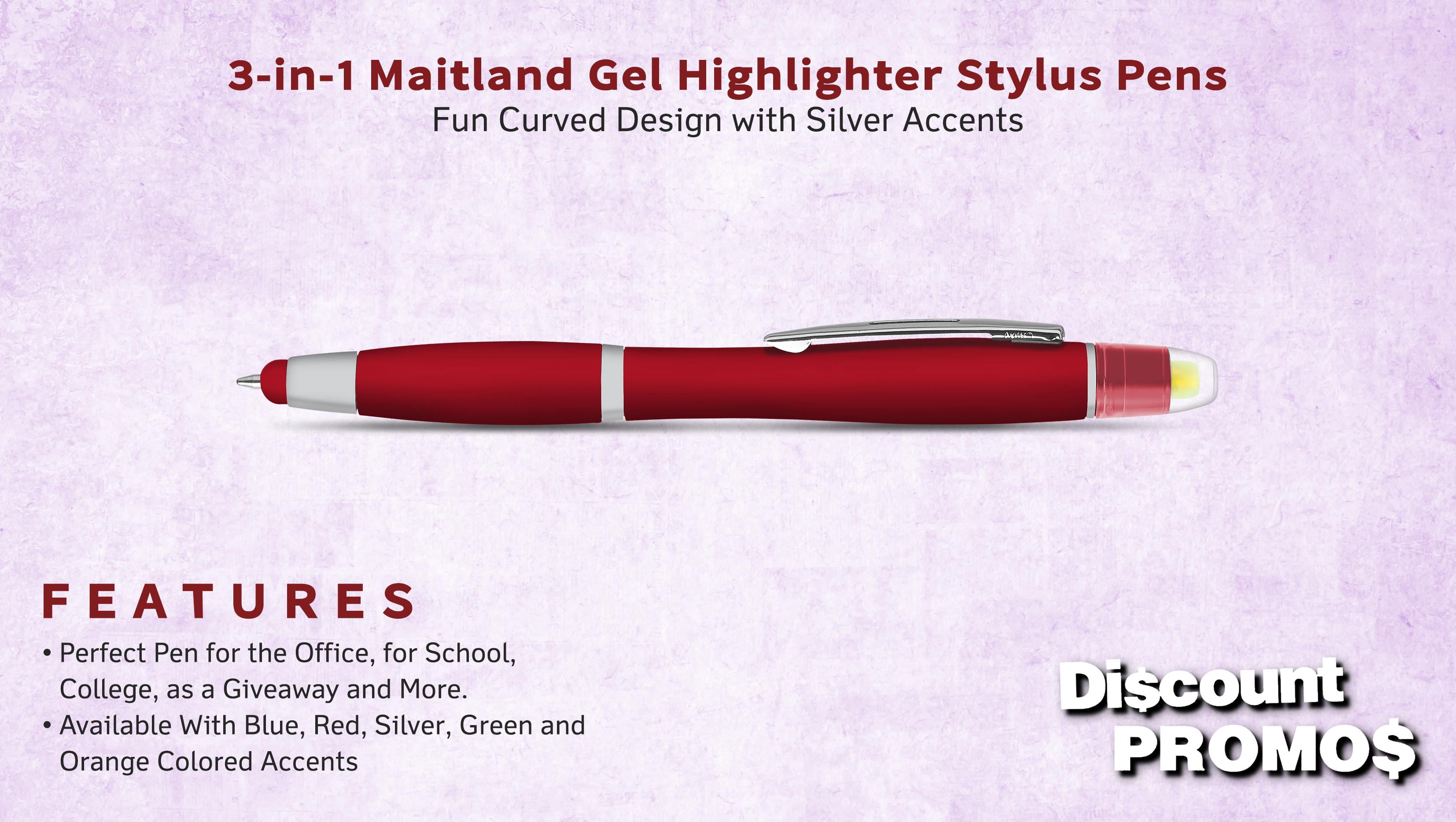 10 Maitland Gel Highlighter Stylus Pens Pack - Ballpoint, Black Ink - Red