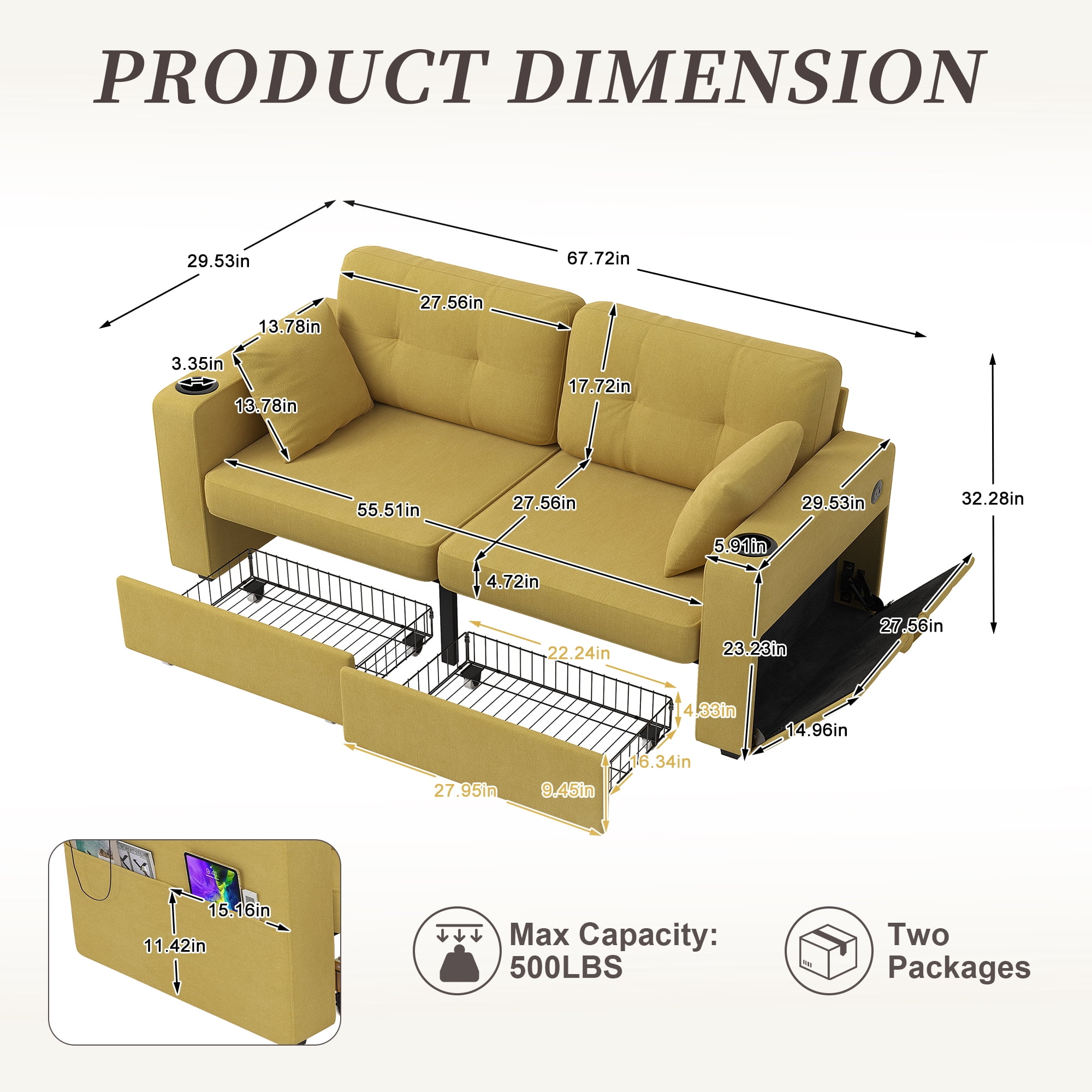 68" Chenille Two Seater Couch, Living Room Loveseat with Usb Charging, Upholstered Loveseat with Storage for Living Room, Mustard yellow