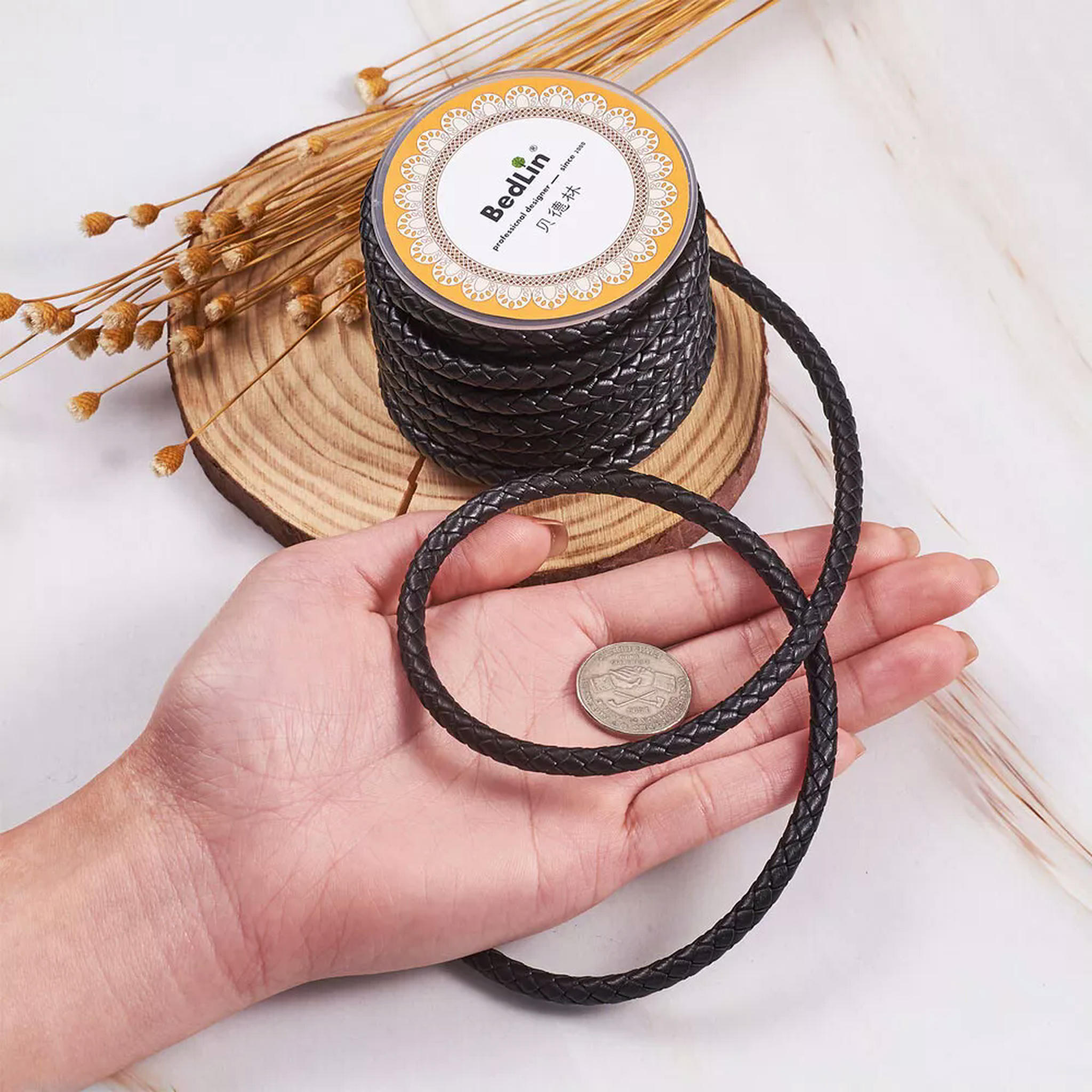 U8MO 4.37 yards(4m)/roll Black 5mm Braided Cowhide Leather Cords String for Bracelets