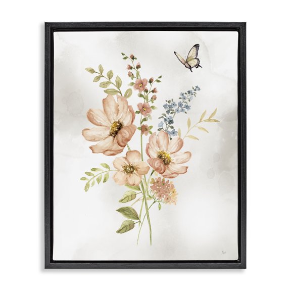 Stupell Industries French Country Pink Daisies & Butterfly Black Floating Frame Canvas Art, 17 x 21, by Nan