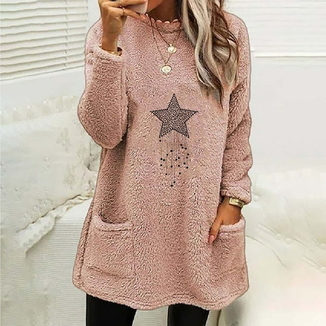 RKSTN Blouses pour Femmes, Col Rond, Manches Longues, Poche Imprimée, Épais et Chaud pour l'Hiver, Décontracté Chic