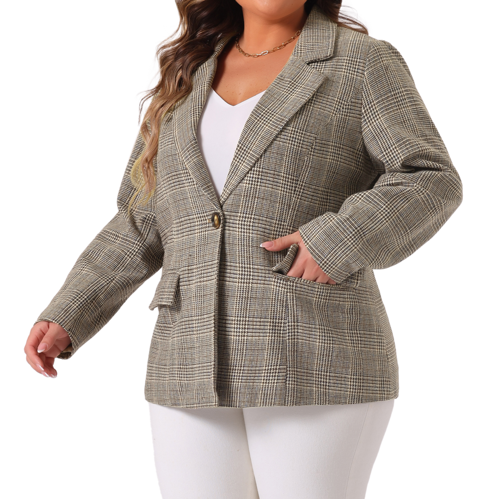 DARING DIVA Women's Plus Plaid Notched Lapel Business Blazer Jackets 3X Brown