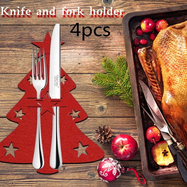Xihbxyly Juego de Cubiertos Navideños, 4 Fundas para Tenedor y Cuchillo, de Tela No Tejida, Decoración de Mesa Navideña, Accesorios para Cenas Festivas, 22 X 18 Cm