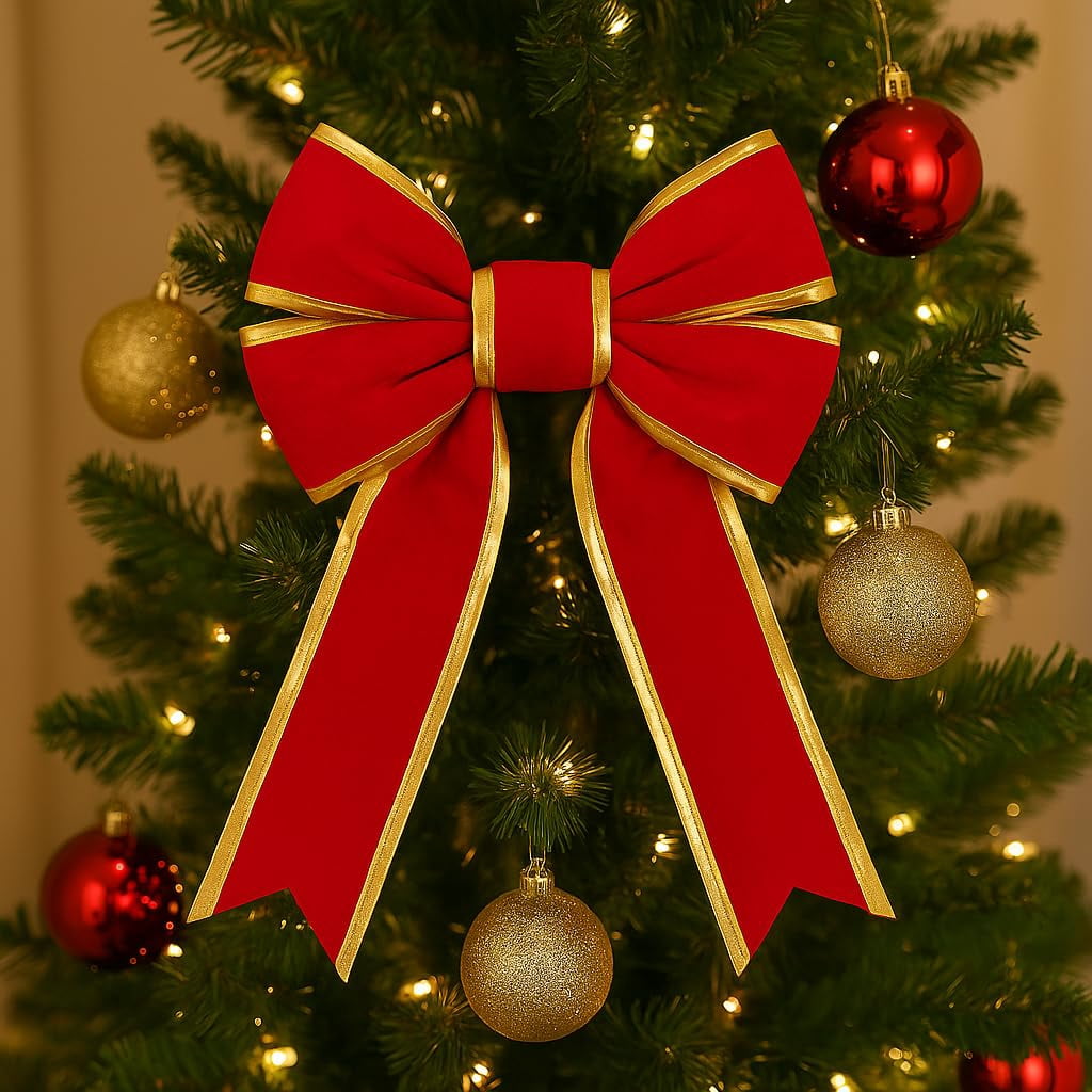 Christmas Designers 18in Red Velvet Christmas Bow with Gold Trim UV Protected Indoor Outdoor