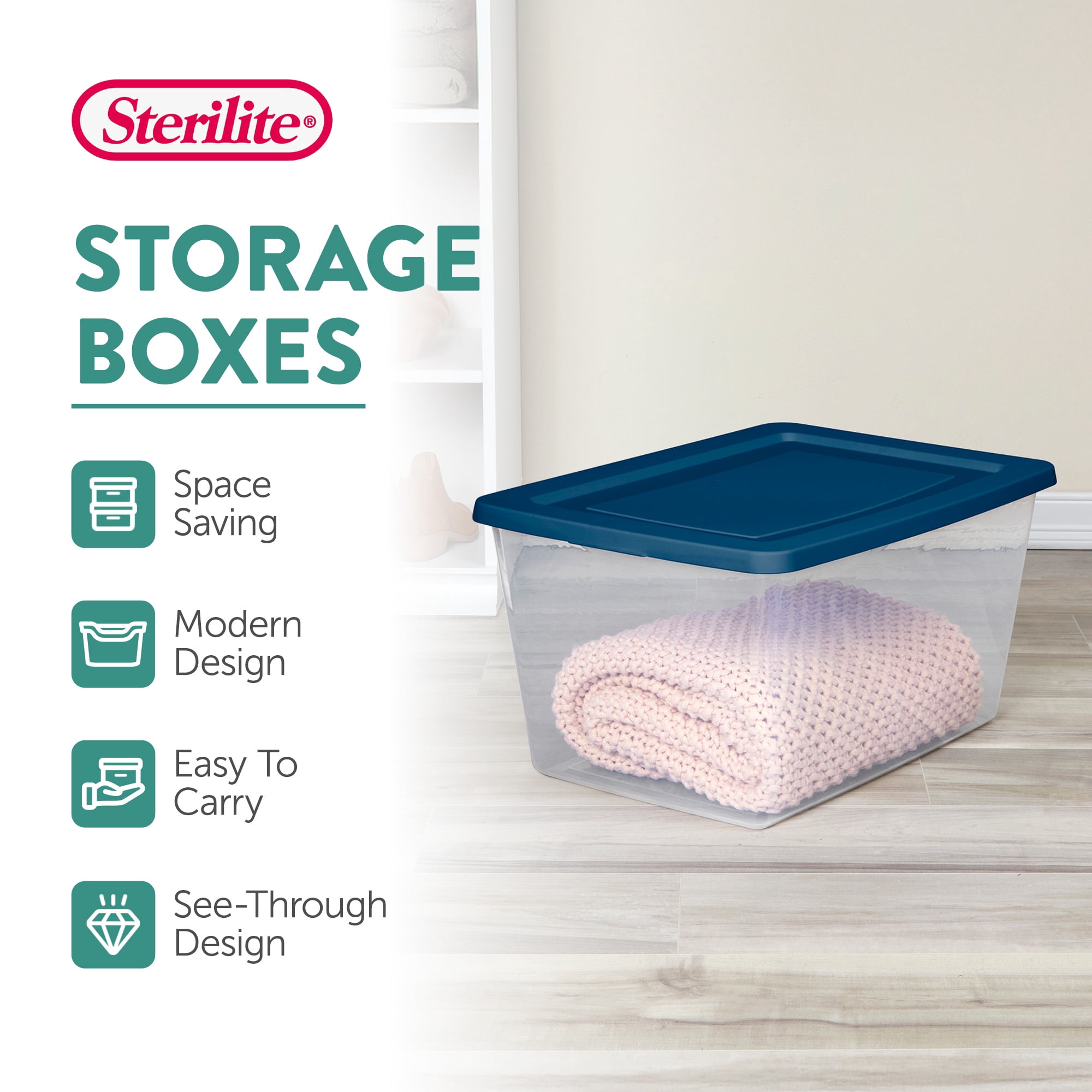 Sterilite 58 Qt Storage Boxes, Clear Plastic Containers with Snap Lids, Set of 8, Blue