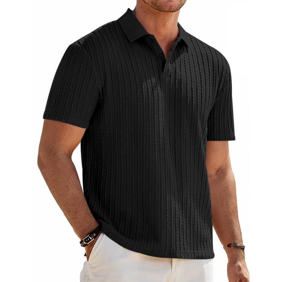 Gaukiv Men's Shirts Textured Knit Short Sleeve Collared Tops Summer Business Blouses Black 3XL
