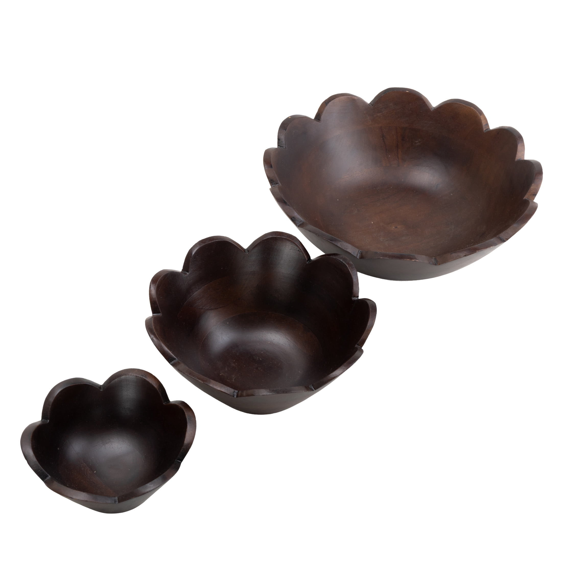 DecMode 12", 9", 6"W Handmade Round Floral Dark Brown Mango Wood Decorative Bowl, Set of 3