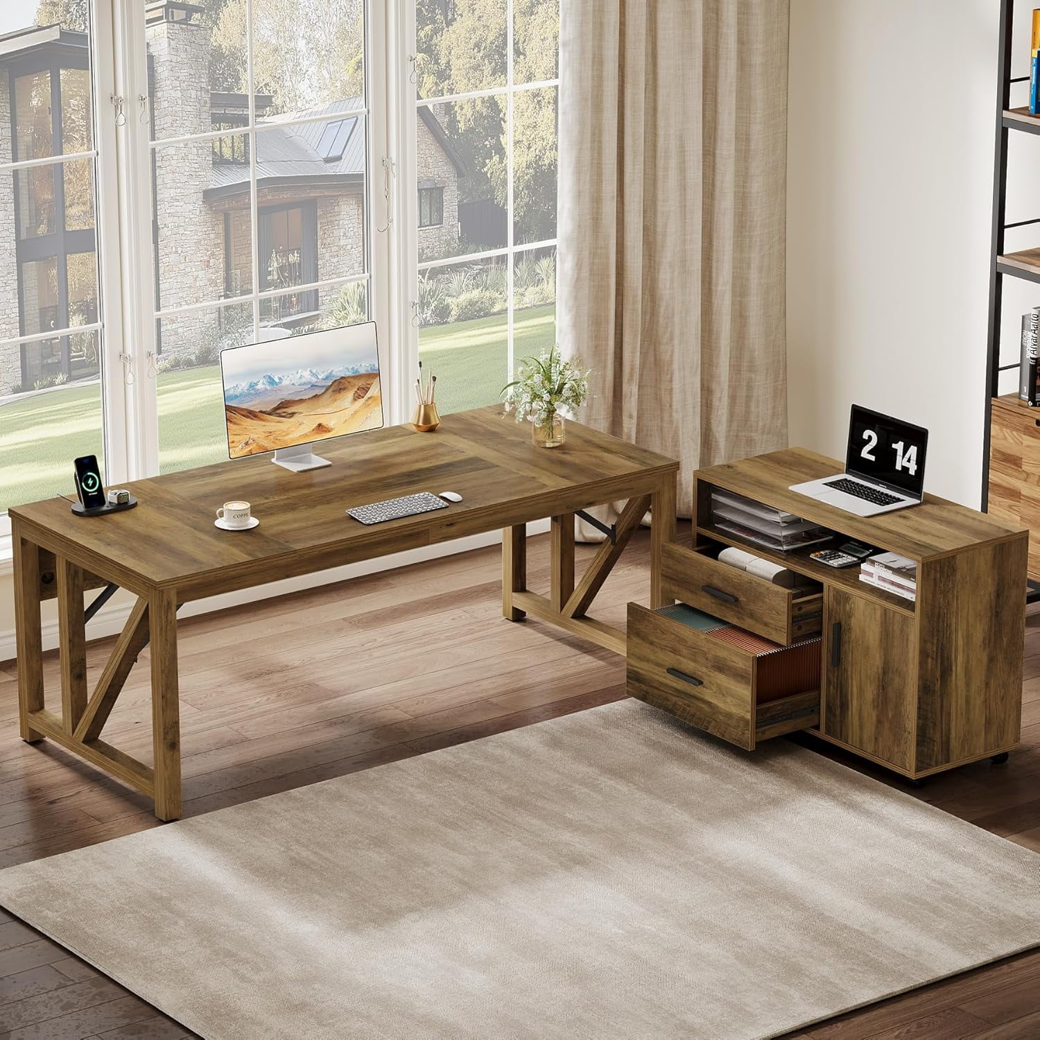 Tribesigns 63" L Shaped Executive Desk with Lateral File Cabinet, (Rustic Brown)