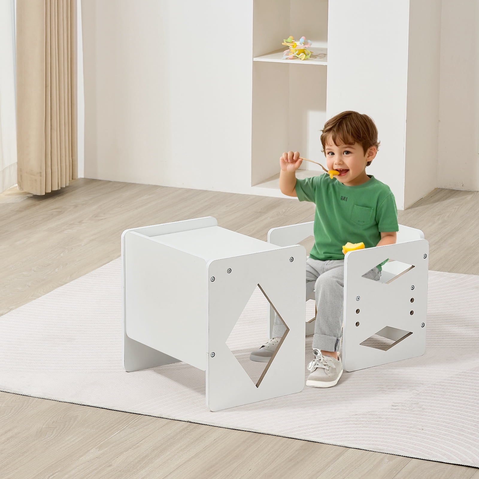 Kids Table and Chair Set, Wooden Toddler Table and Chair Set for Aged 1-5, Adjustable Height Kids Montessori Chair and Activity Table, Ideal for Reading, Eating, Playing - White