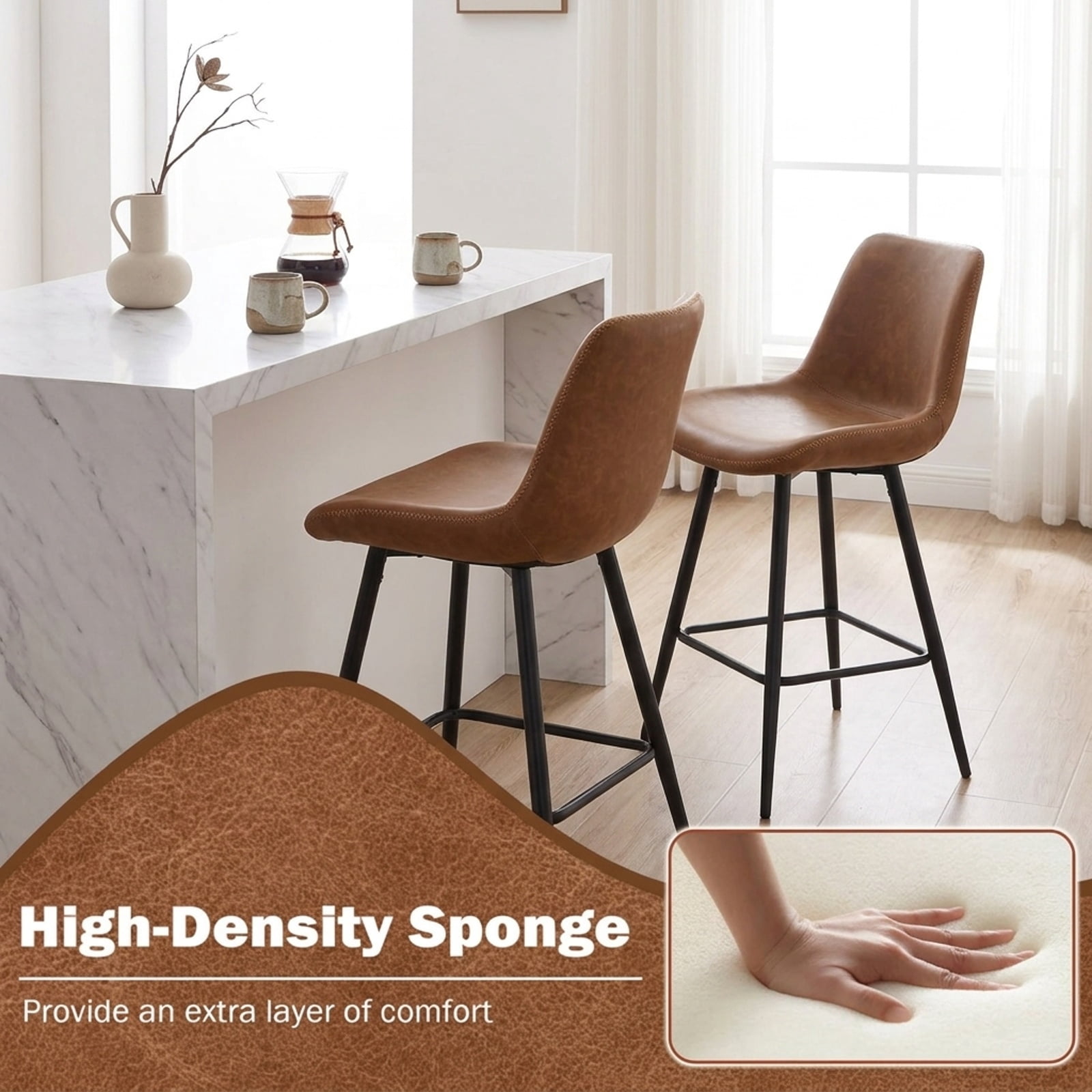 Furnibear 24 Inch Bar Stools Set of 2 with Backs and Footrests for Kitchen Island Counter Bar Pub Dining Home, Brown