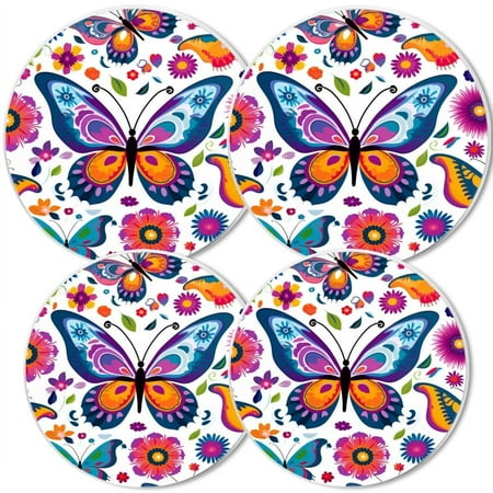 

Electric Stove Burner Covers Set of 4 White Round Cover for Gas Stovetop 8 and 10 Inch Vibrant and Colorful Pattern Featuring Butterflies and Flowers