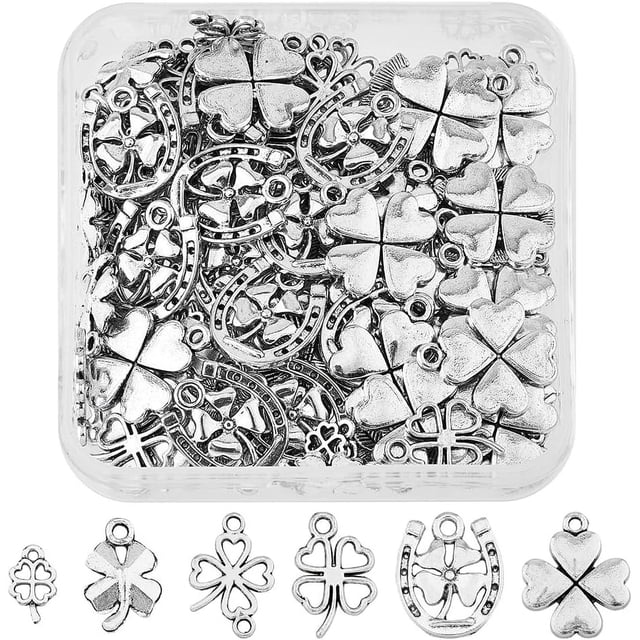 120 piezas de 6 estilos de dijes de trébol de cuatro hojas del Día de San Patricio, dijes colgantes de trébol de plata para manualidades, pulseras, collares, accesorios para hacer joyas.