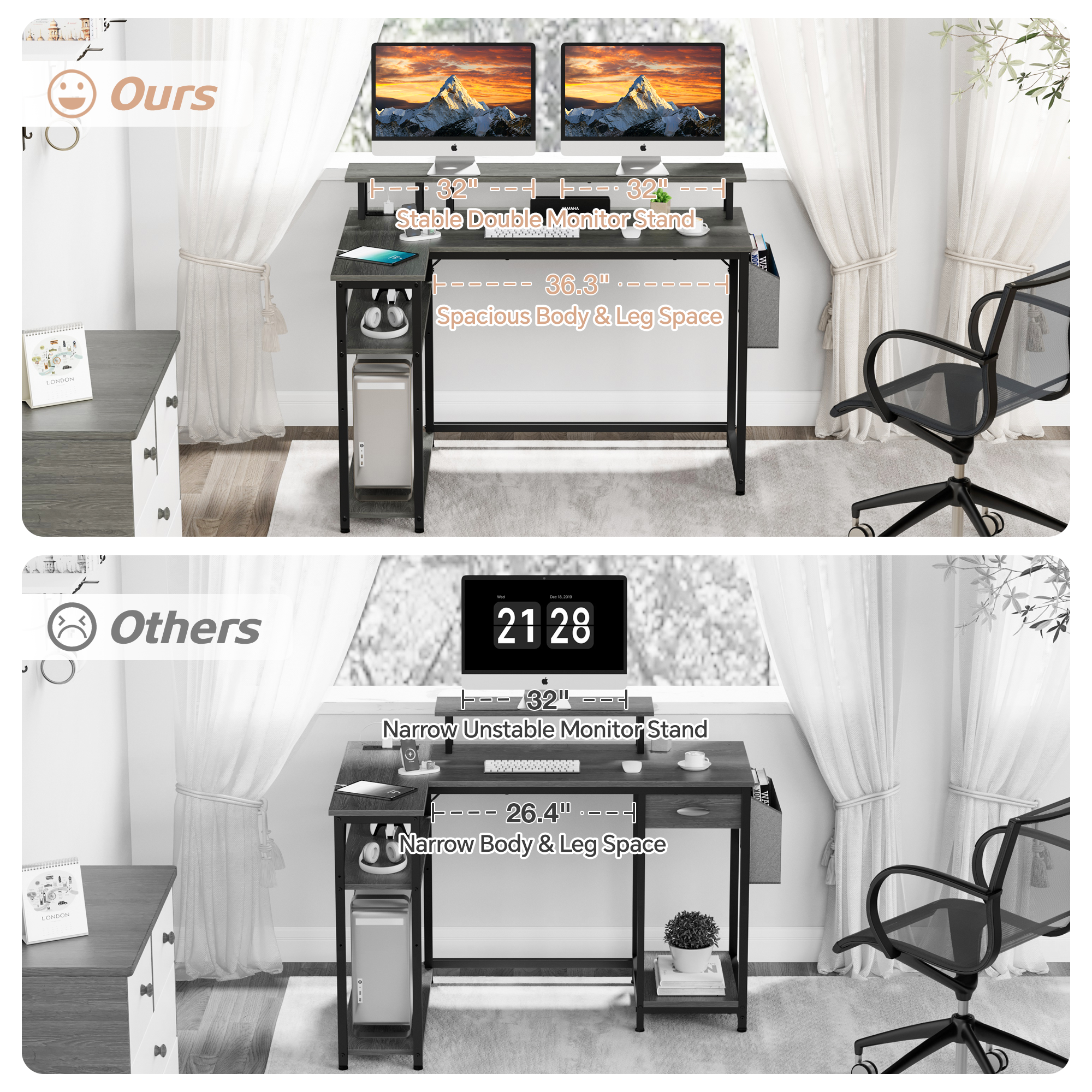 JOZ L-Shaped Desk with Power Outlets, LED Lights, and Monitor Stand, 47-inch Corner Desk for Home Office, Dark Gray